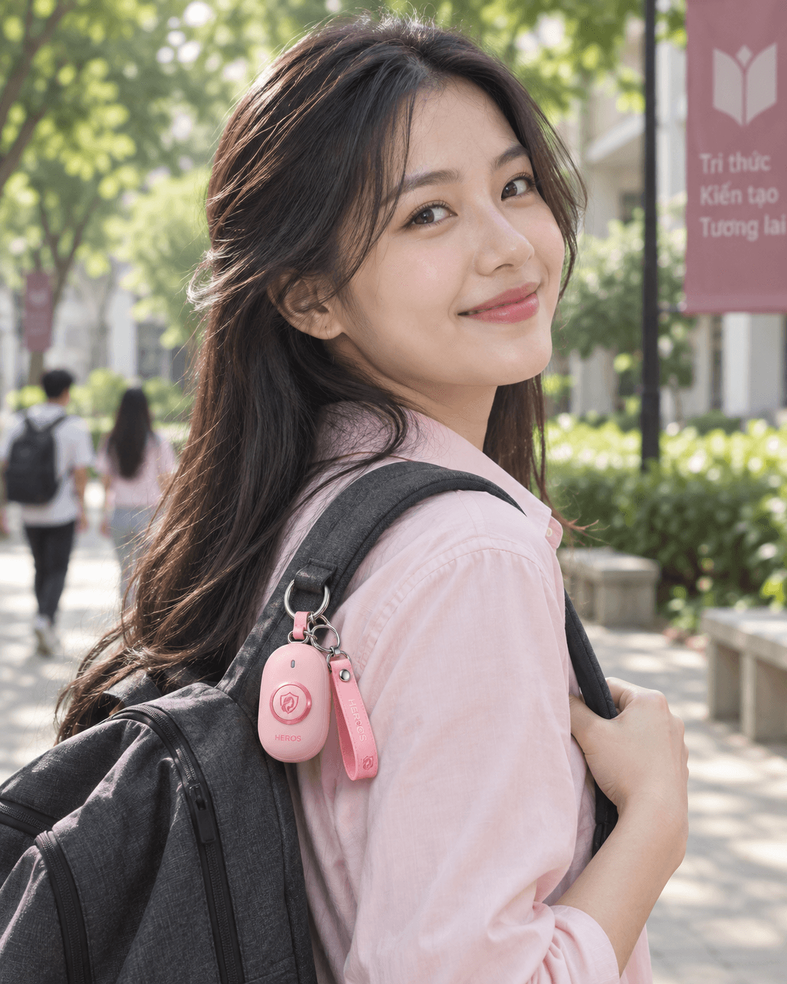 Người mẫu đeo ba lô với thiết bị Heros gắn trên quai